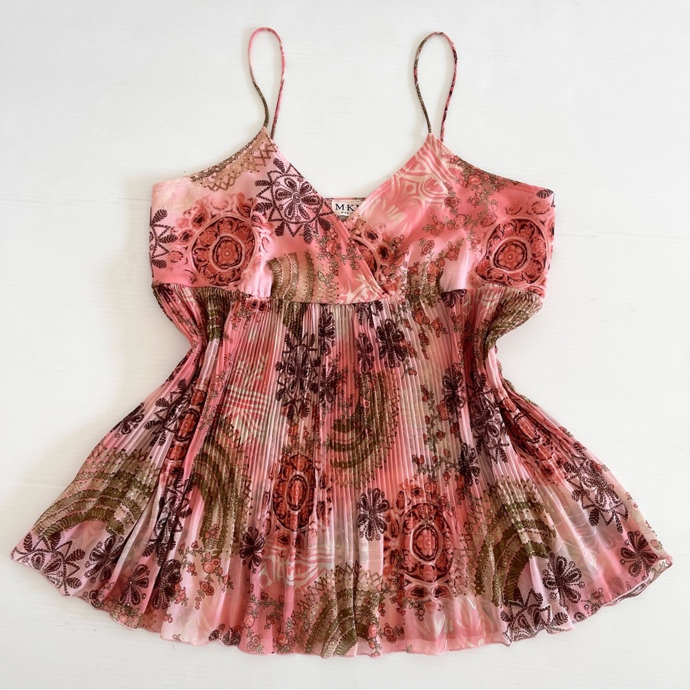 MKM Designs Vintage Paisley Y2K Pink Pleated Tank Blouse
